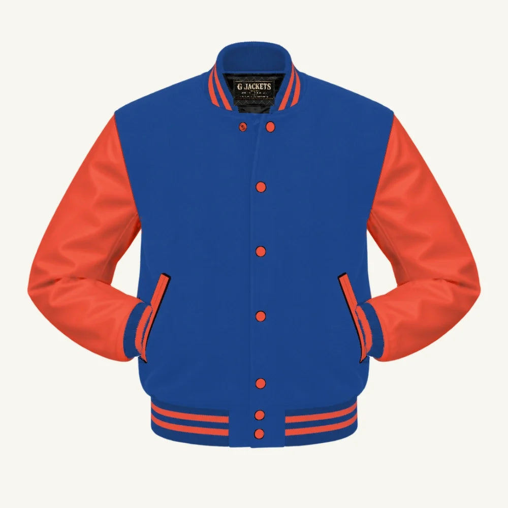 G Jackets Kids Classic Wool & PU Leather Varsity Jacket, Royal Blue/Orange, front view