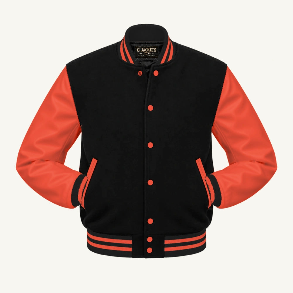 G Jackets Classic Wool & PU Leather Varsity Jacket, Black/Orange, front view