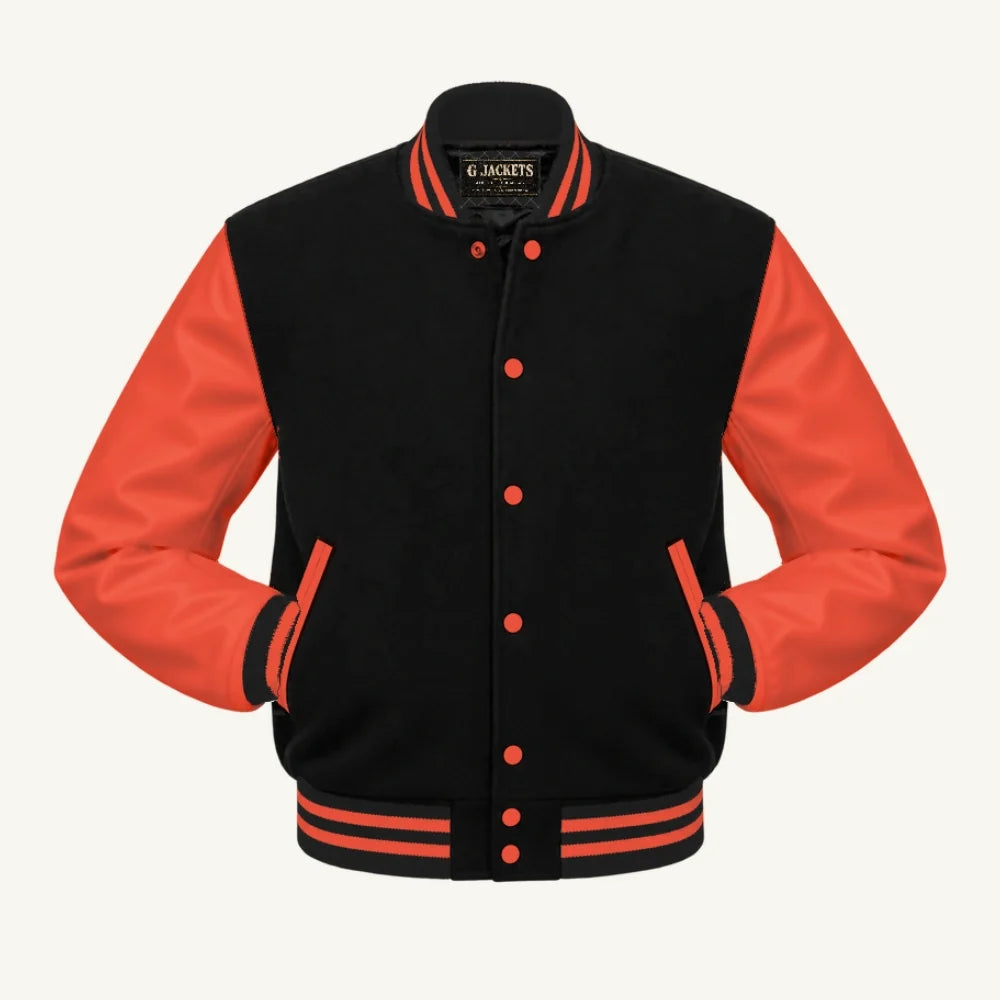 G Jackets Kids Classic Wool & PU Leather Varsity Jacket, Black/Orange, front view