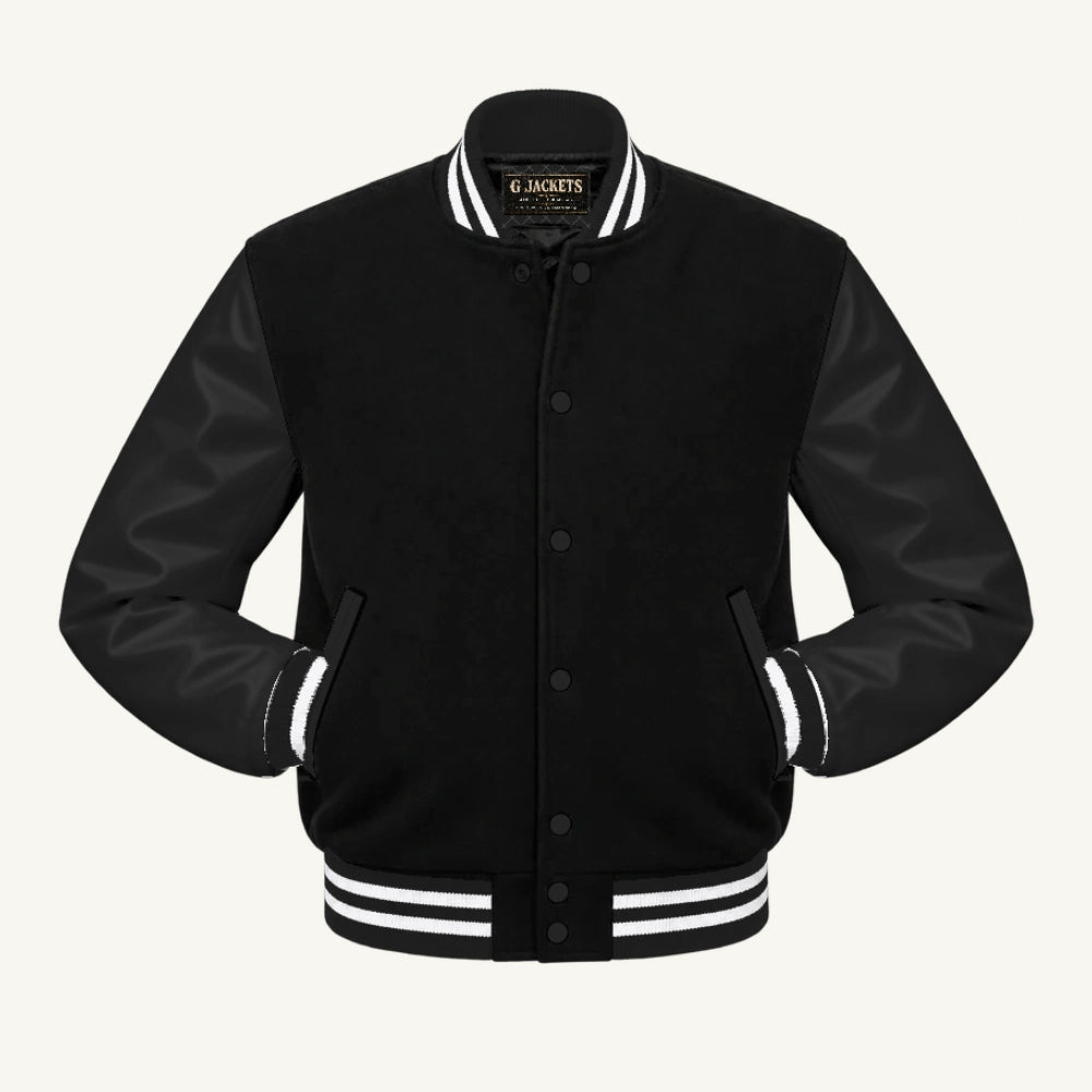 G Jackets Classic Wool & PU Leather Varsity Jacket, Black/Black - White Trim, front view