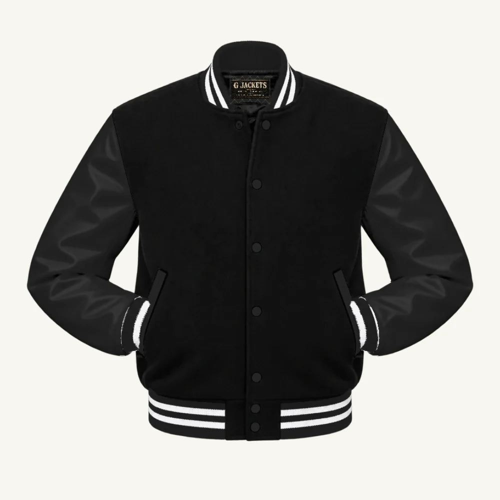 G Jackets Kids Classic Wool & PU Leather Varsity Jacket, Black/Black - White Trim, front view