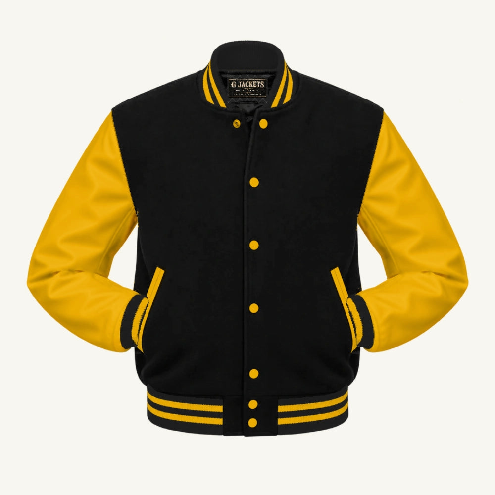 G Jackets Classic Wool & PU Leather Varsity Jacket, Black/Gold, front view