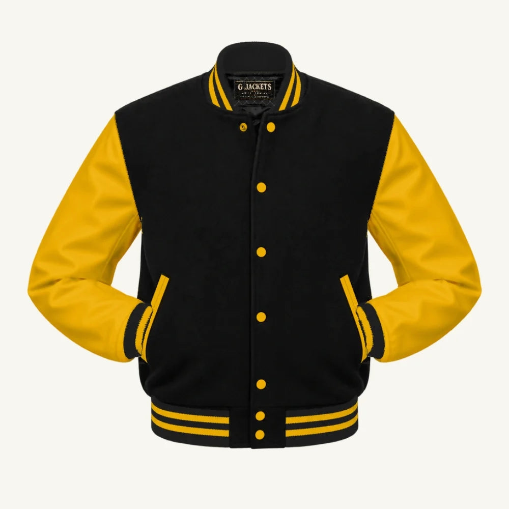 G Jackets Kids Classic Wool & PU Leather Varsity Jacket, Black/Gold, front view
