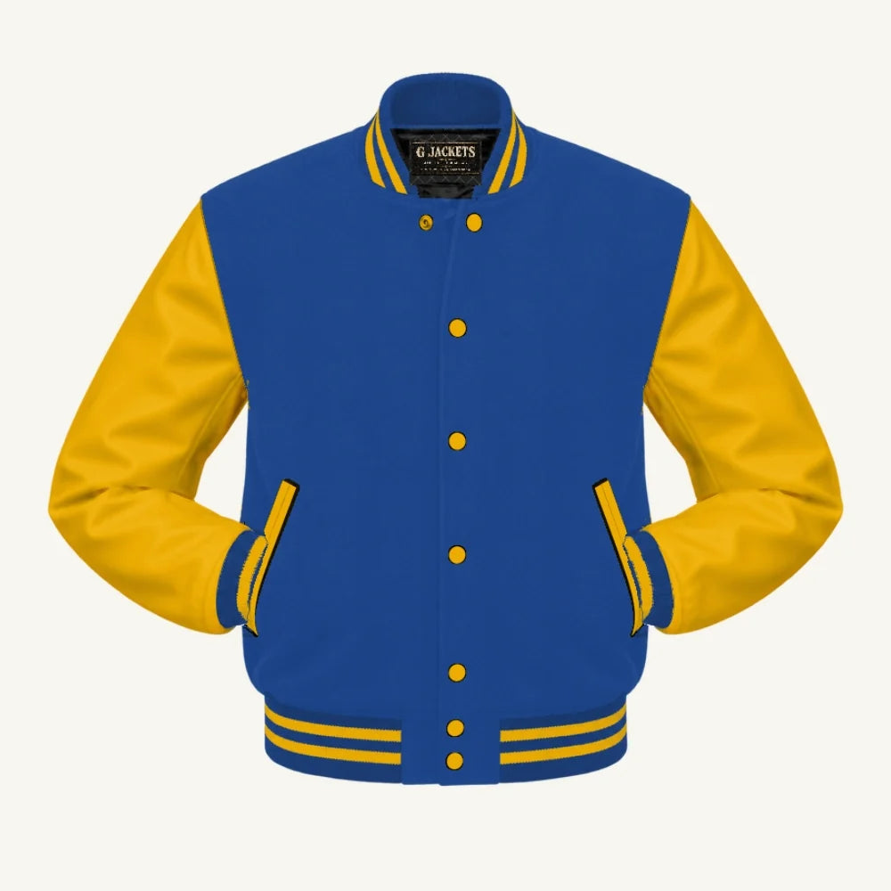 G Jackets Kids Classic Wool & PU Leather Varsity Jacket, Royal Blue/Gold, front view