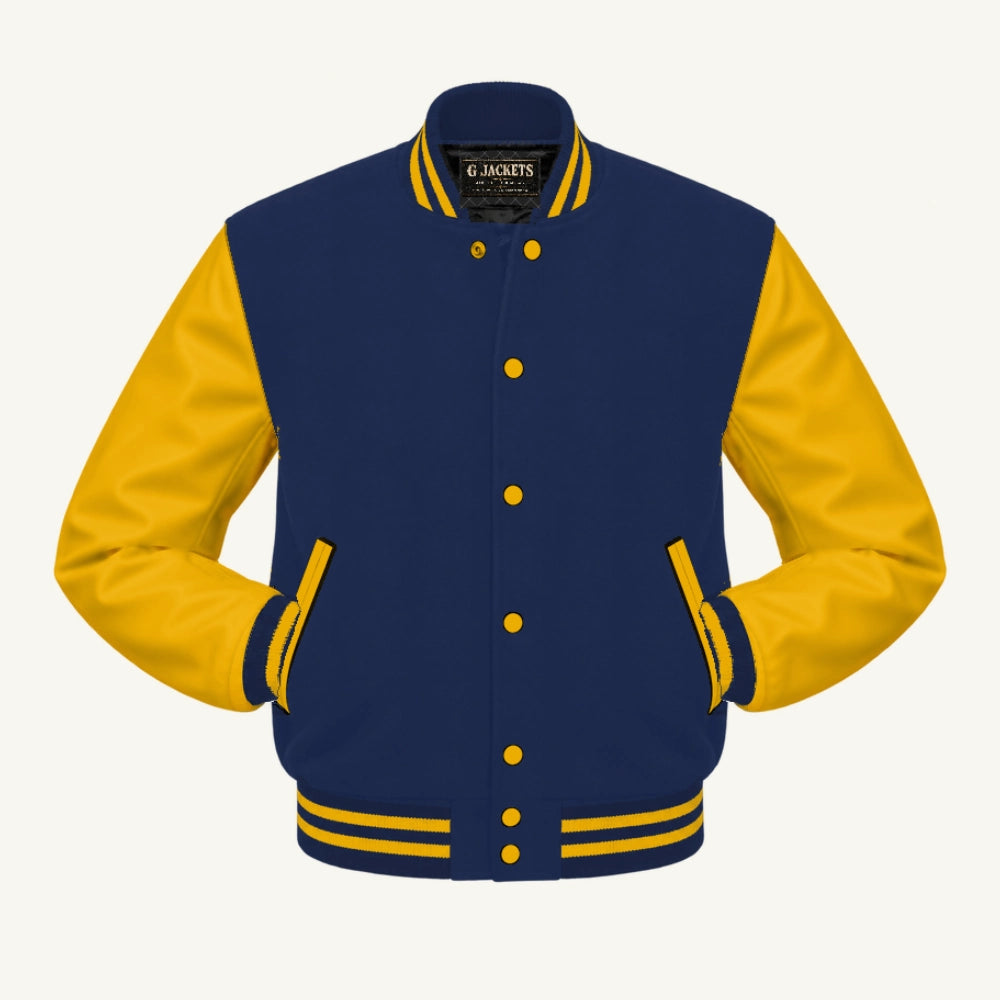 G Jackets Classic Wool & PU Leather Varsity Jacket, Navy Blue/Gold, front view