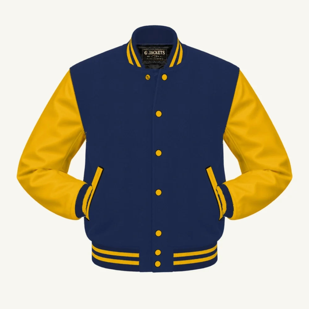 G Jackets Kids Classic Wool & PU Leather Varsity Jacket, Navy Blue/Gold, front view