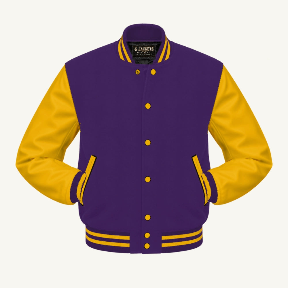 G Jackets Classic Wool & PU Leather Varsity Jacket, Purple/Gold, front view