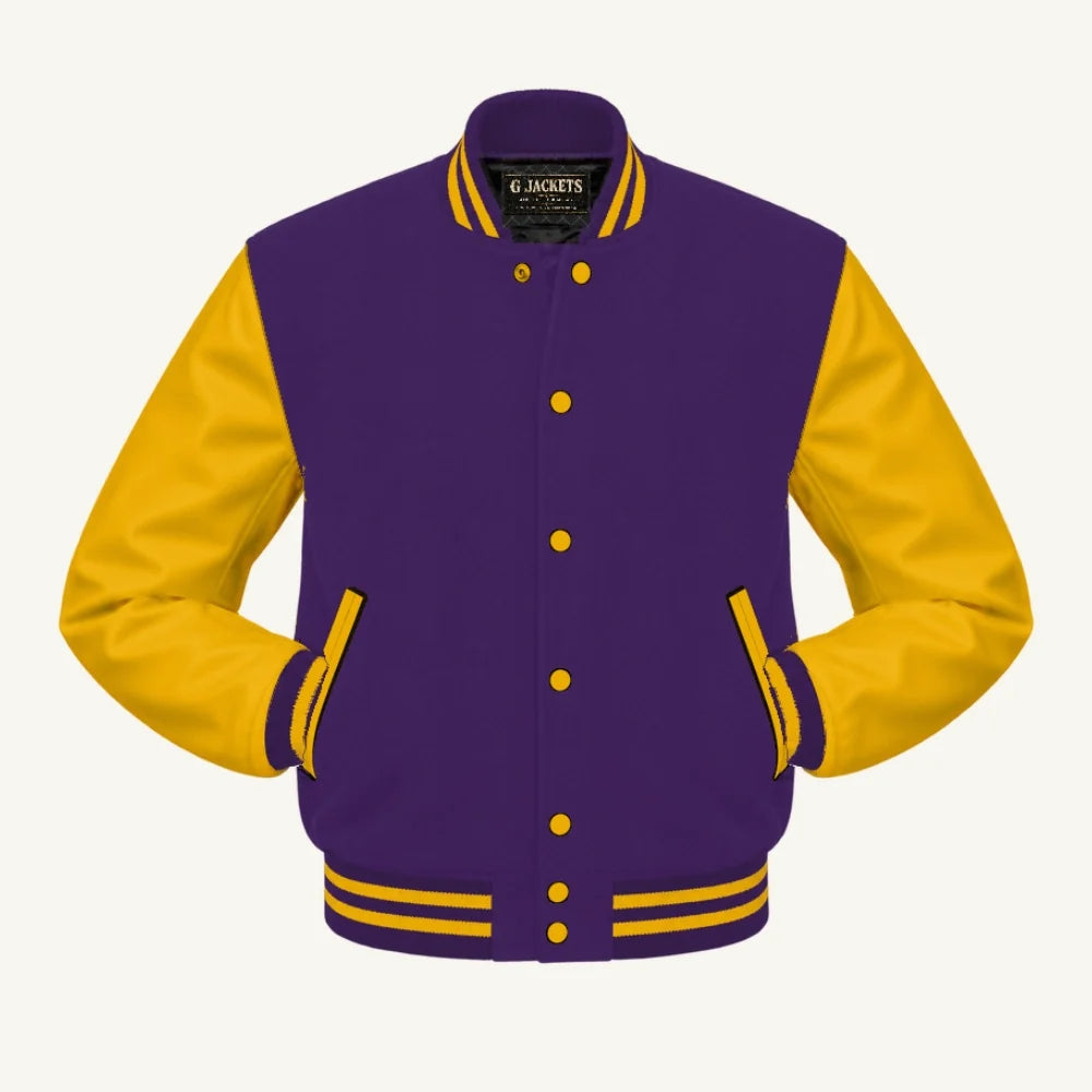 G Jackets Kids Classic Wool & PU Leather Varsity Jacket, Purple/Gold, front view