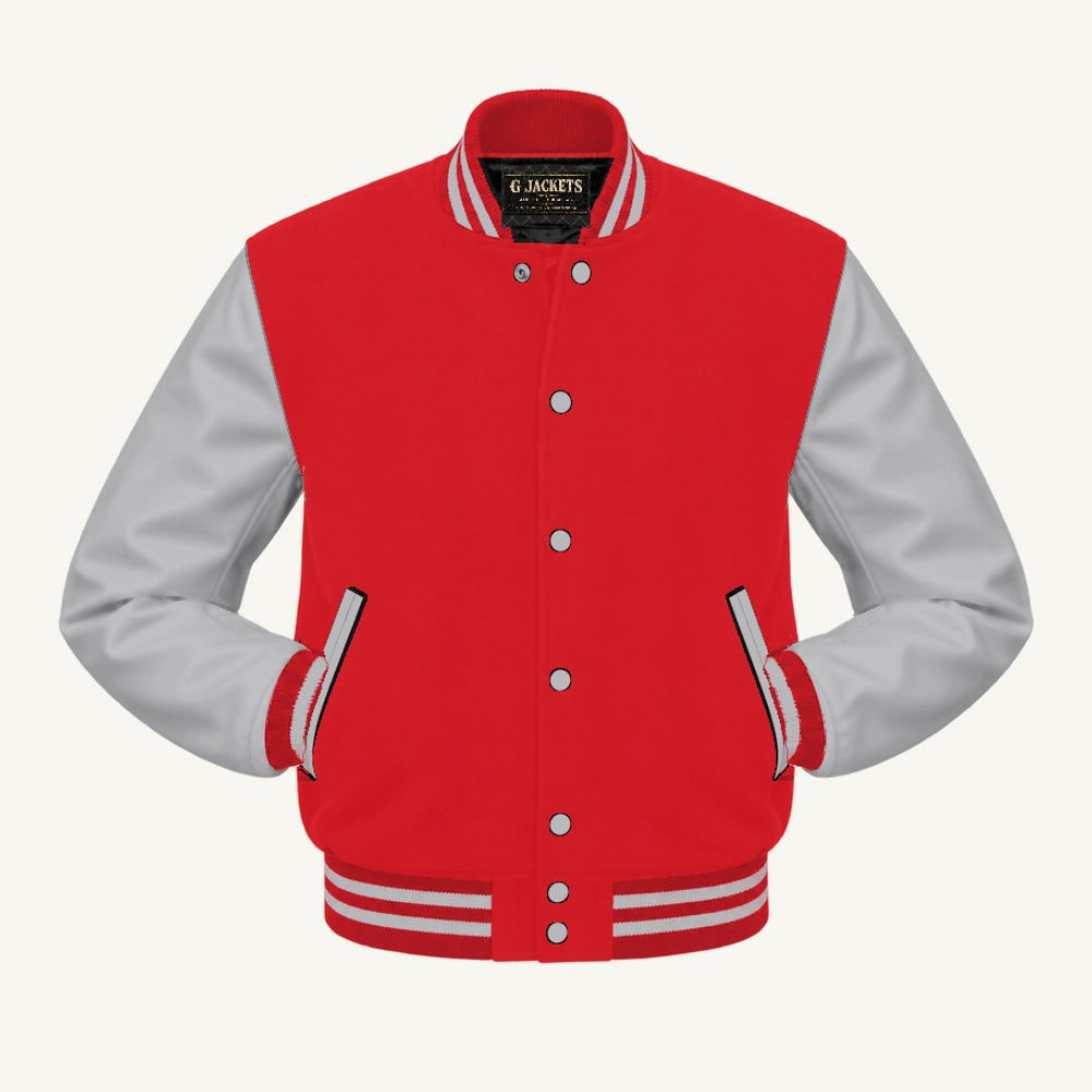 G Jackets Classic Wool & PU Leather Varsity Jacket, Red/Grey, front view