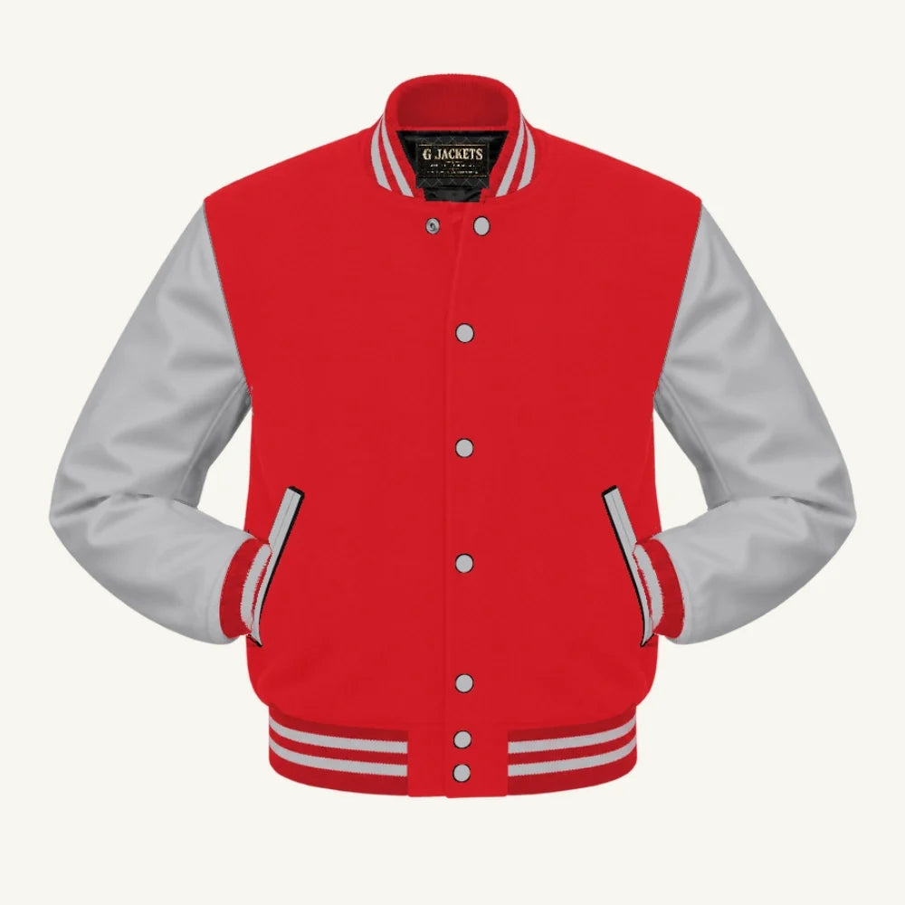 G Jackets Kids Classic Wool & PU Leather Varsity Jacket, Red/Grey, front view