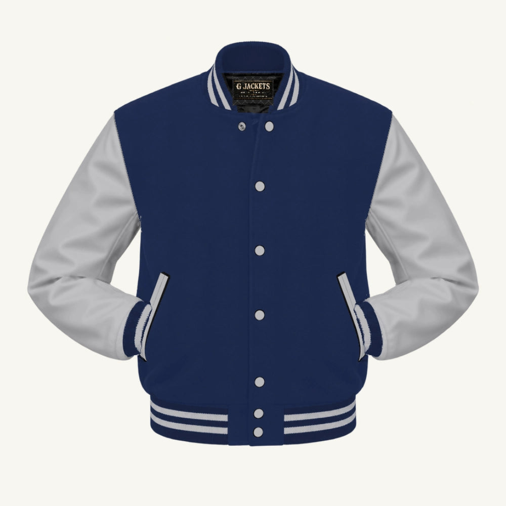 G Jackets Classic Wool & PU Leather Varsity Jacket, Navy Blue/Grey, front view