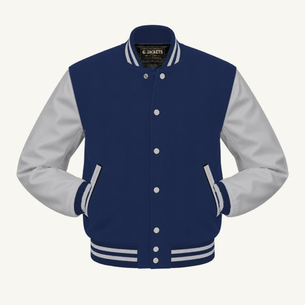 G Jackets Kids Classic Wool & PU Leather Varsity Jacket, Navy Blue/Grey, front view