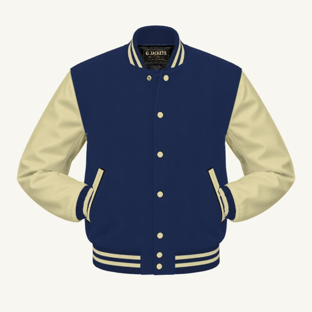 G Jackets Kids Classic Wool & PU Leather Varsity Jacket, Navy Blue/Natural, front view