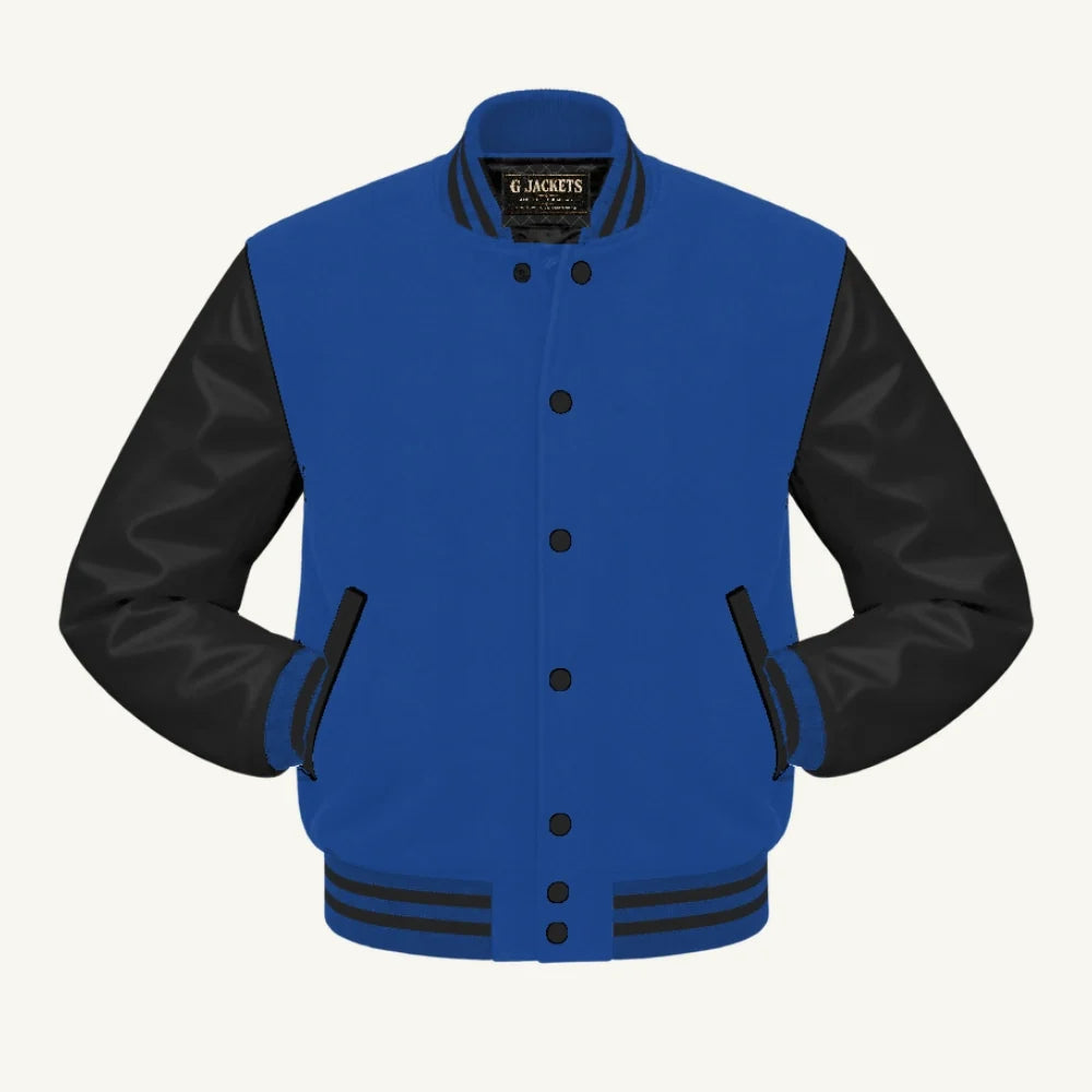 G Jackets Kids Classic Wool & PU Leather Varsity Jacket, Royal Blue/Black, front view