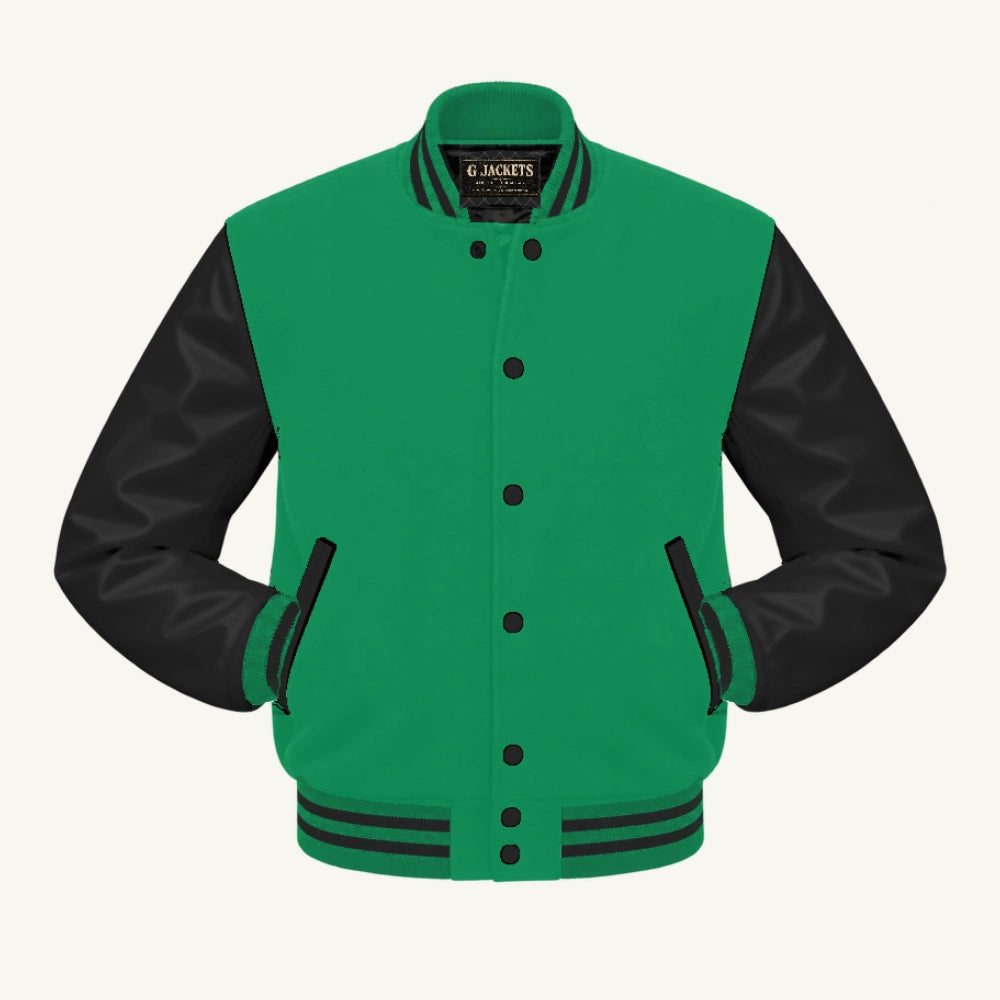 G Jackets Classic Wool & PU Leather Varsity Jacket, Kelly Green/Black, front view