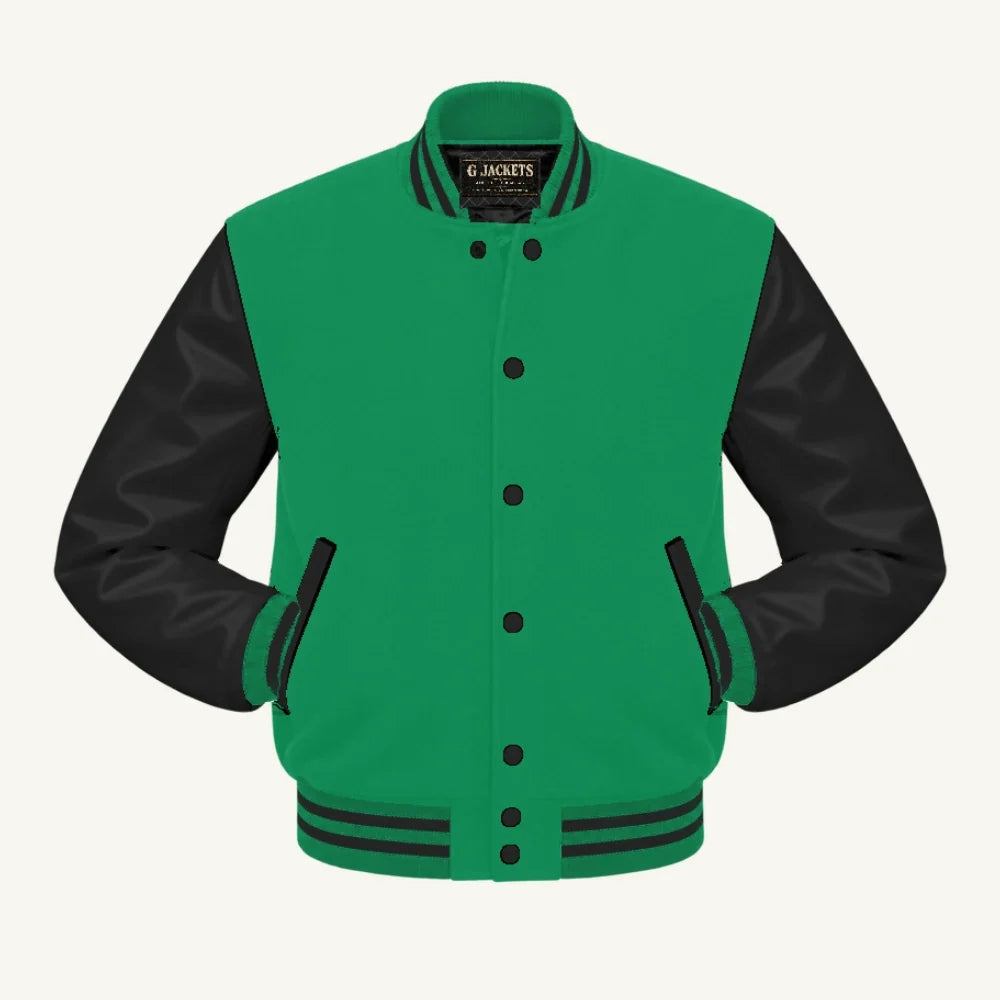 G Jackets Kids Classic Wool & PU Leather Varsity Jacket, Kelly Green/Black, front view