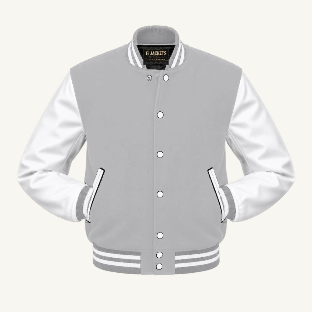 G Jackets Classic Wool & PU Leather Varsity Jacket, Grey/White, front view