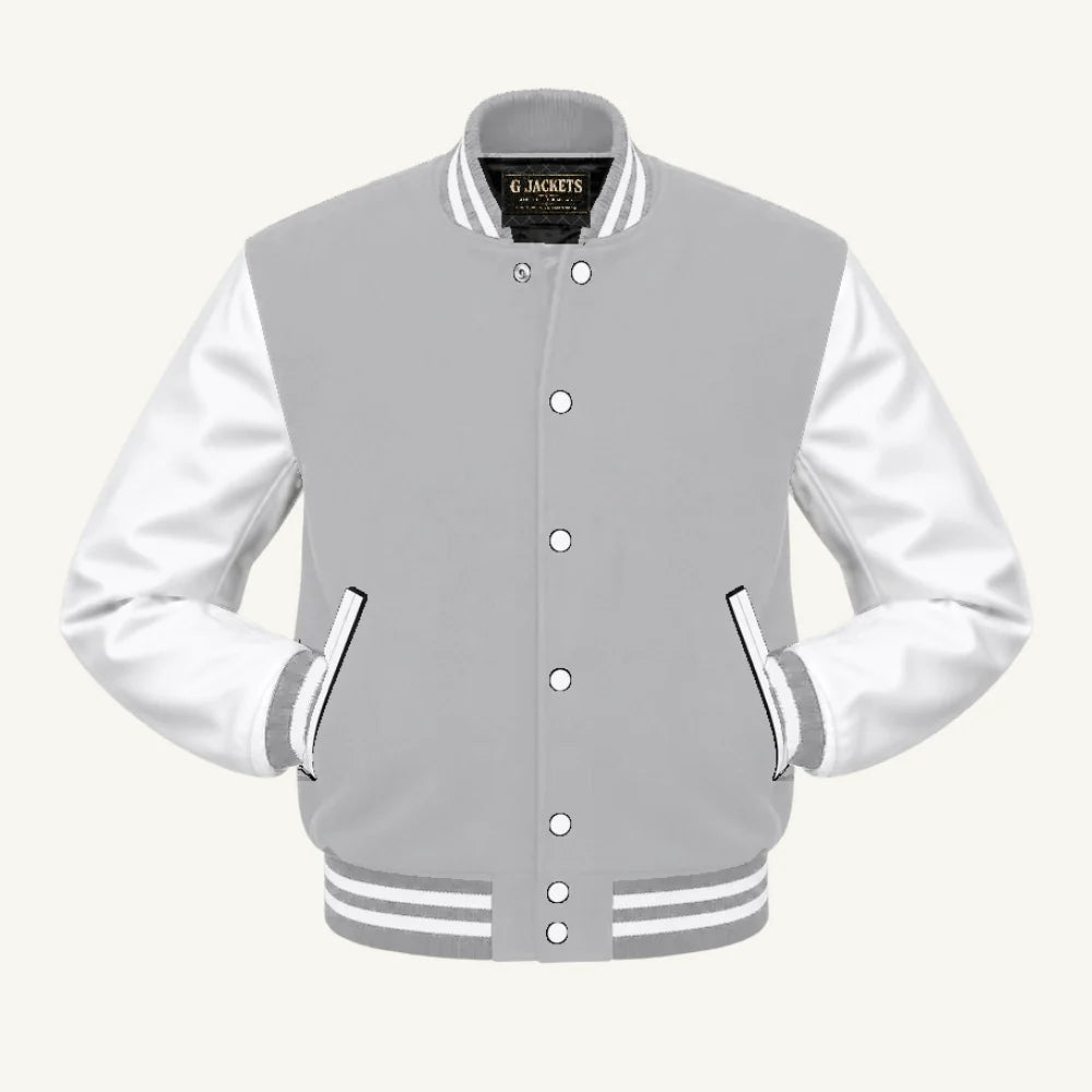 G Jackets Kids Classic Wool & PU Leather Varsity Jacket, Grey/White, front view