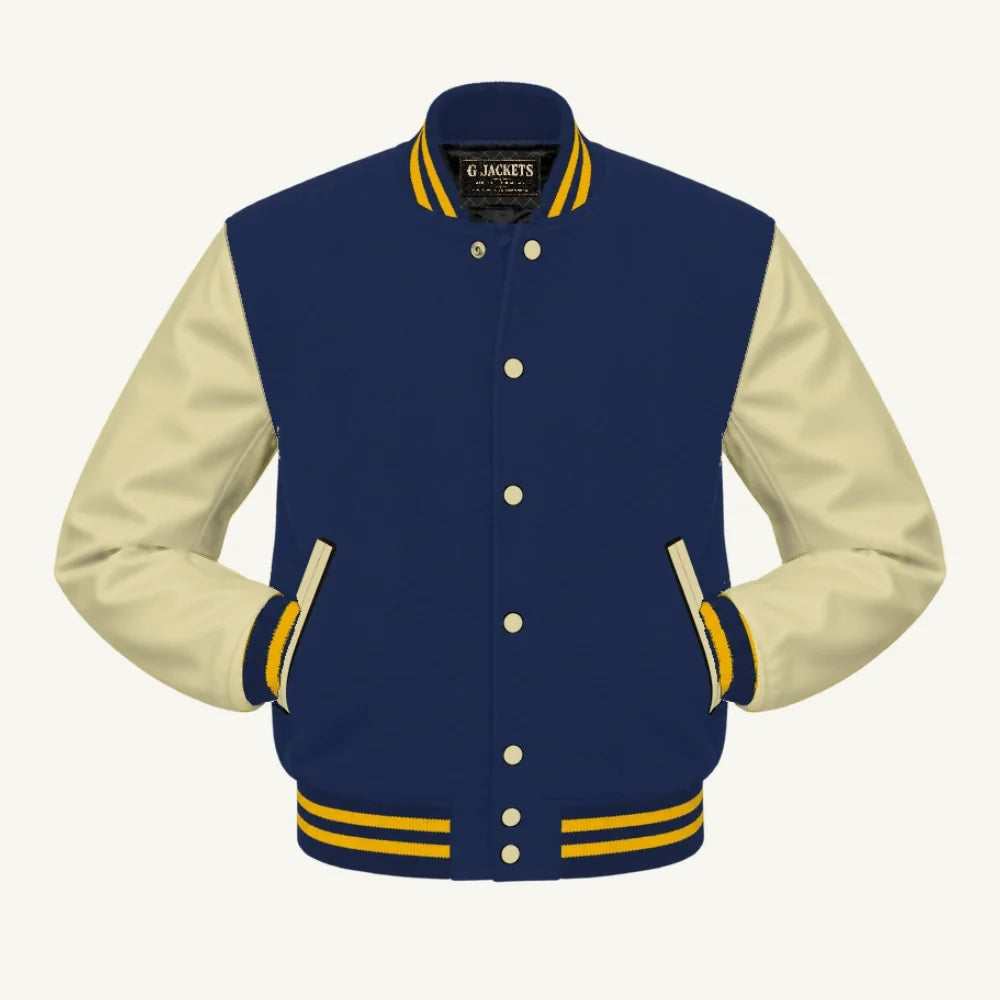 G Jackets Kids Classic Wool & PU Leather Varsity Jacket, Navy Blue/Natural - Gold Trim, front view