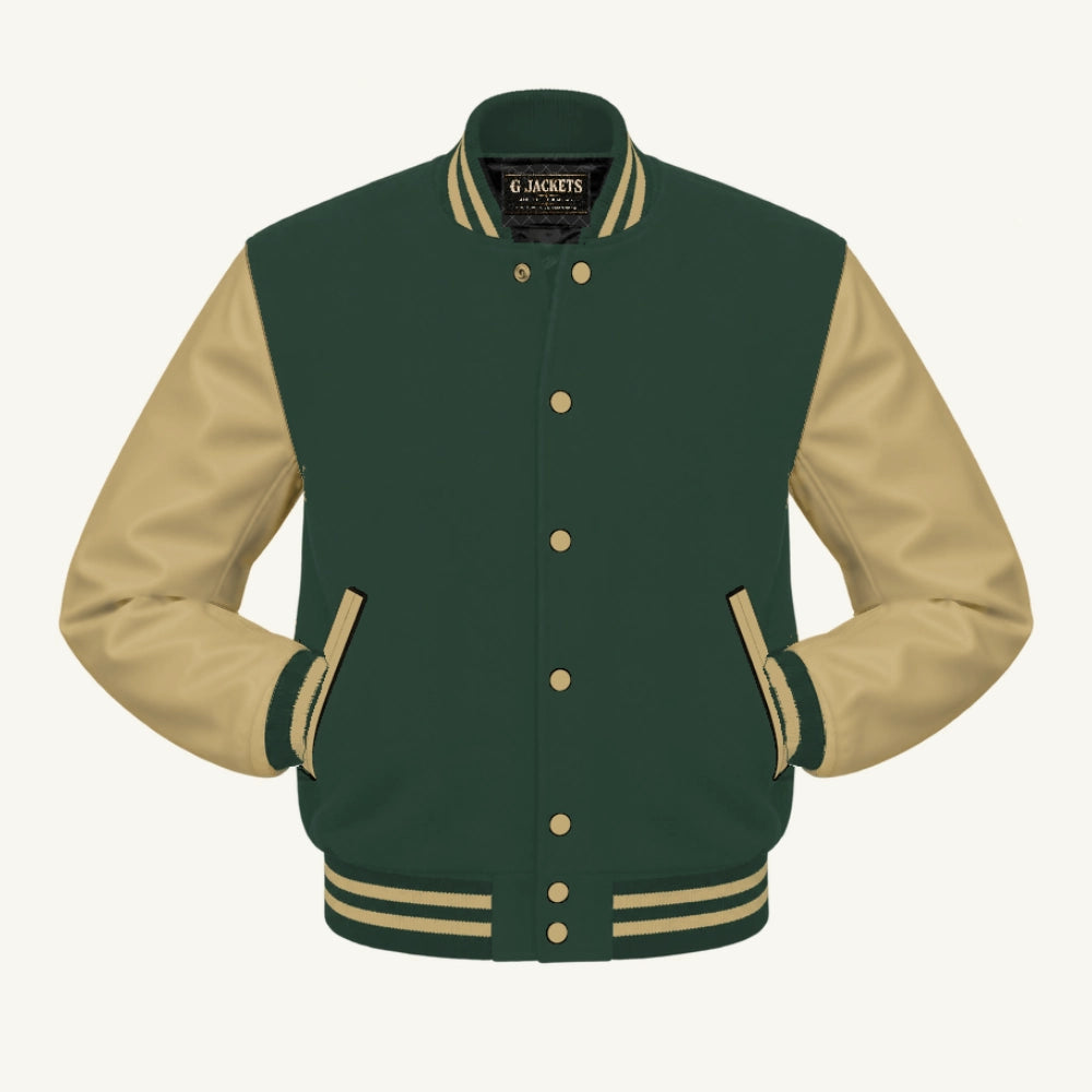 G Jackets Classic Wool & PU Leather Varsity Jacket, Forest Green/Tan, front view