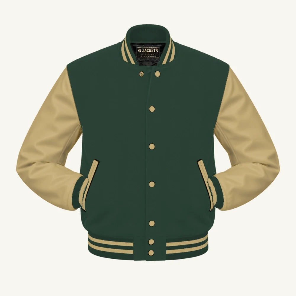 G Jackets Kids Classic Wool & PU Leather Varsity Jacket, Forest Green/Tan, front view