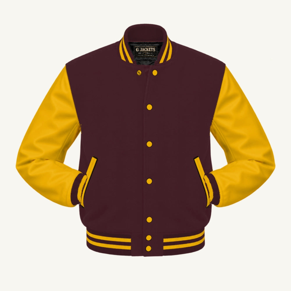 G Jackets Classic Wool & PU Leather Varsity Jacket, Maroon/Gold, front view
