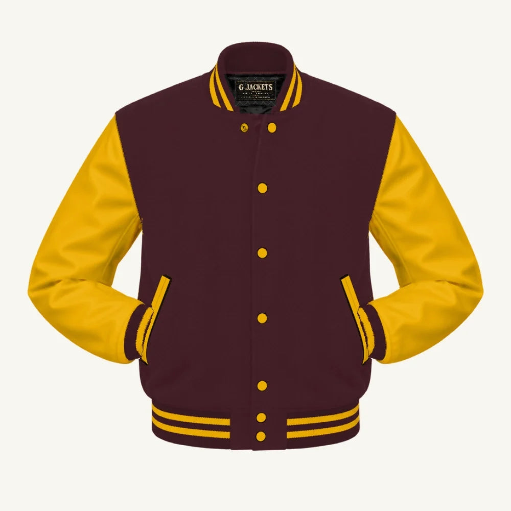 G Jackets Kids Classic Wool & PU Leather Varsity Jacket, Maroon/Gold, front view