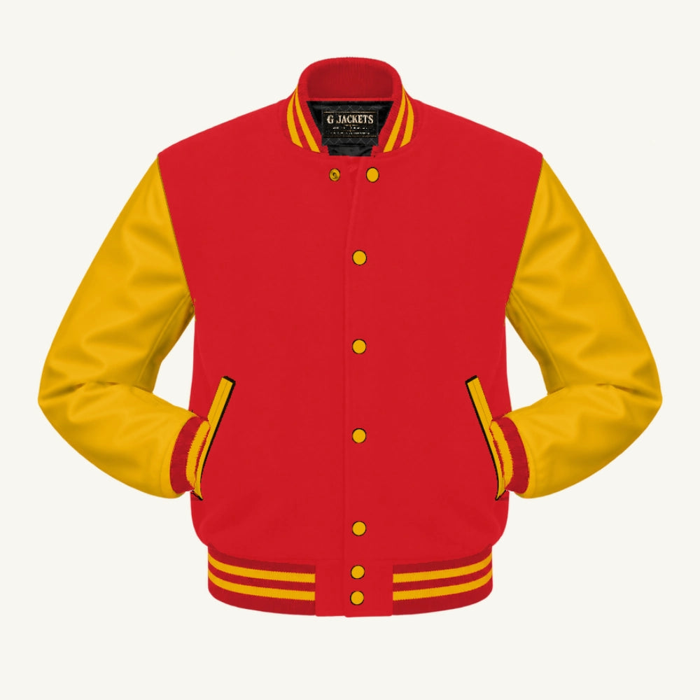 G Jackets Classic Wool & PU Leather Varsity Jacket, Red/Gold, front view