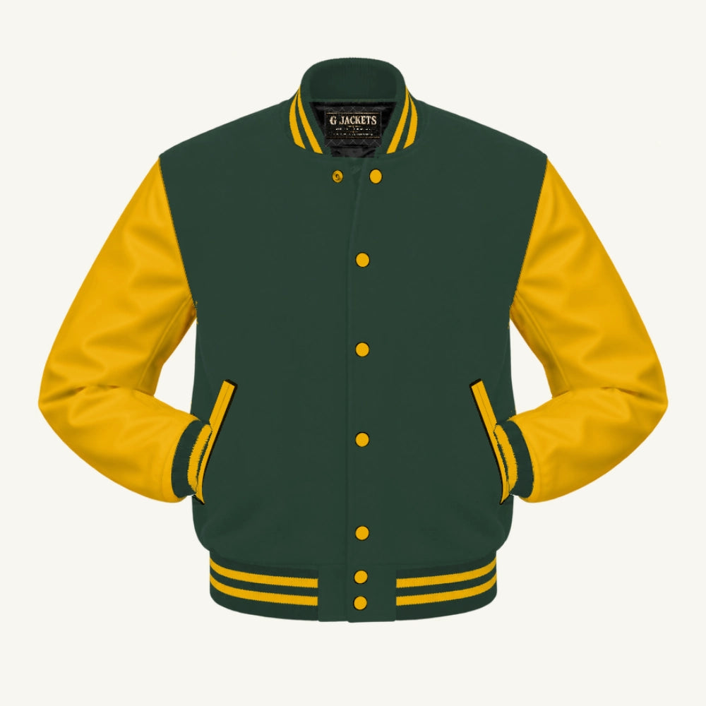 G Jackets Classic Wool & PU Leather Varsity Jacket, Forest Green/Gold, front view