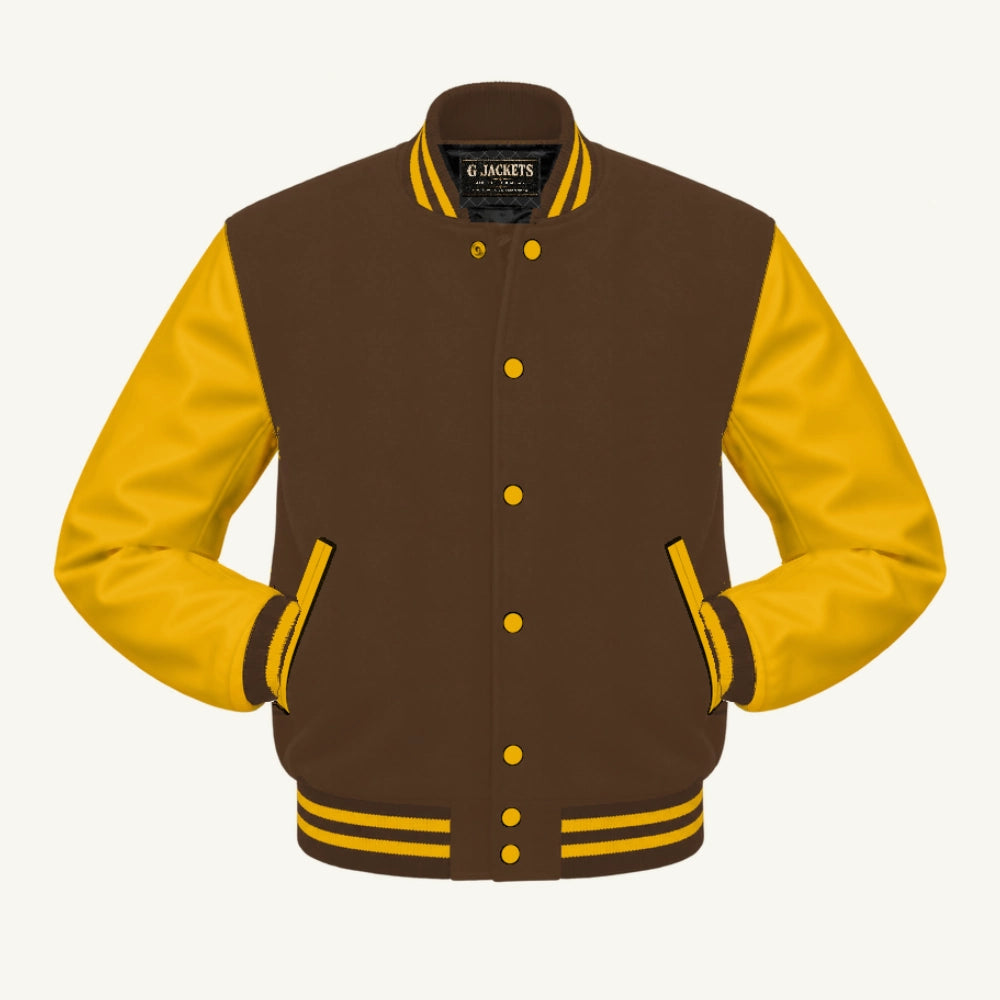 G Jackets Classic Wool & PU Leather Varsity Jacket, Brown/Gold, front view