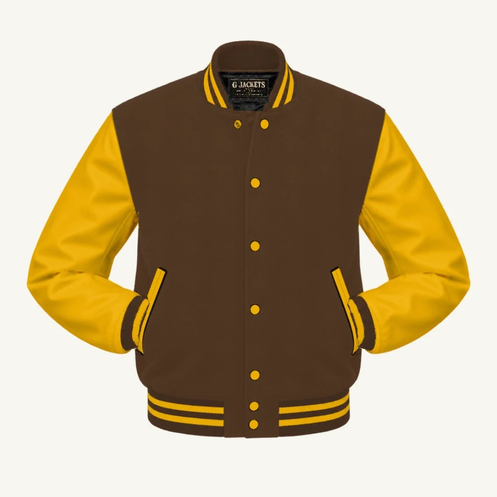 G Jackets Kids Classic Wool & PU Leather Varsity Jacket, Brown/Gold, front view