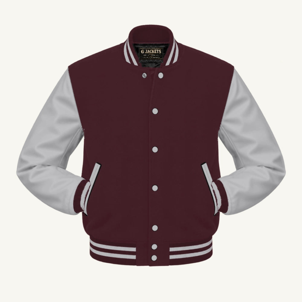 G Jackets Classic Wool & PU Leather Varsity Jacket, Maroon/Grey, front view