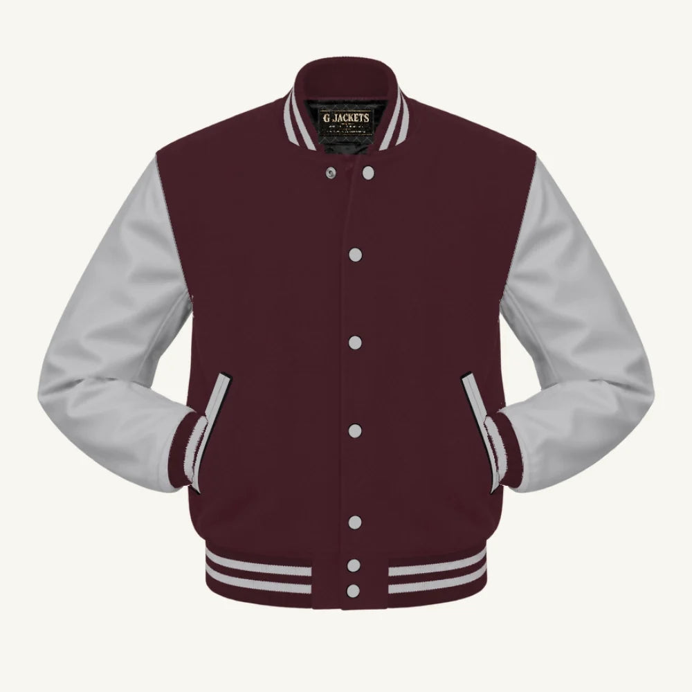 G Jackets Kids Classic Wool & PU Leather Varsity Jacket, Maroon/Grey, front view