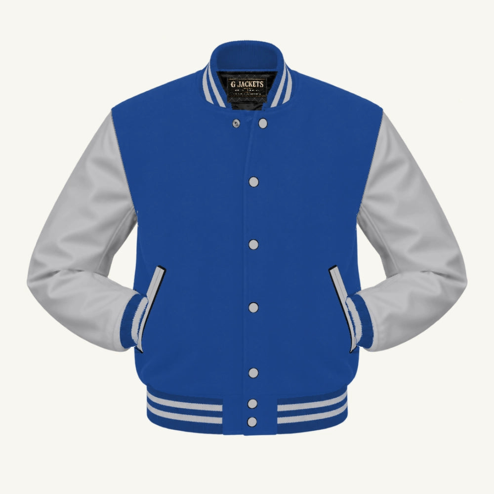 G Jackets Classic Wool & PU Leather Varsity Jacket, Royal Blue/Grey, front view