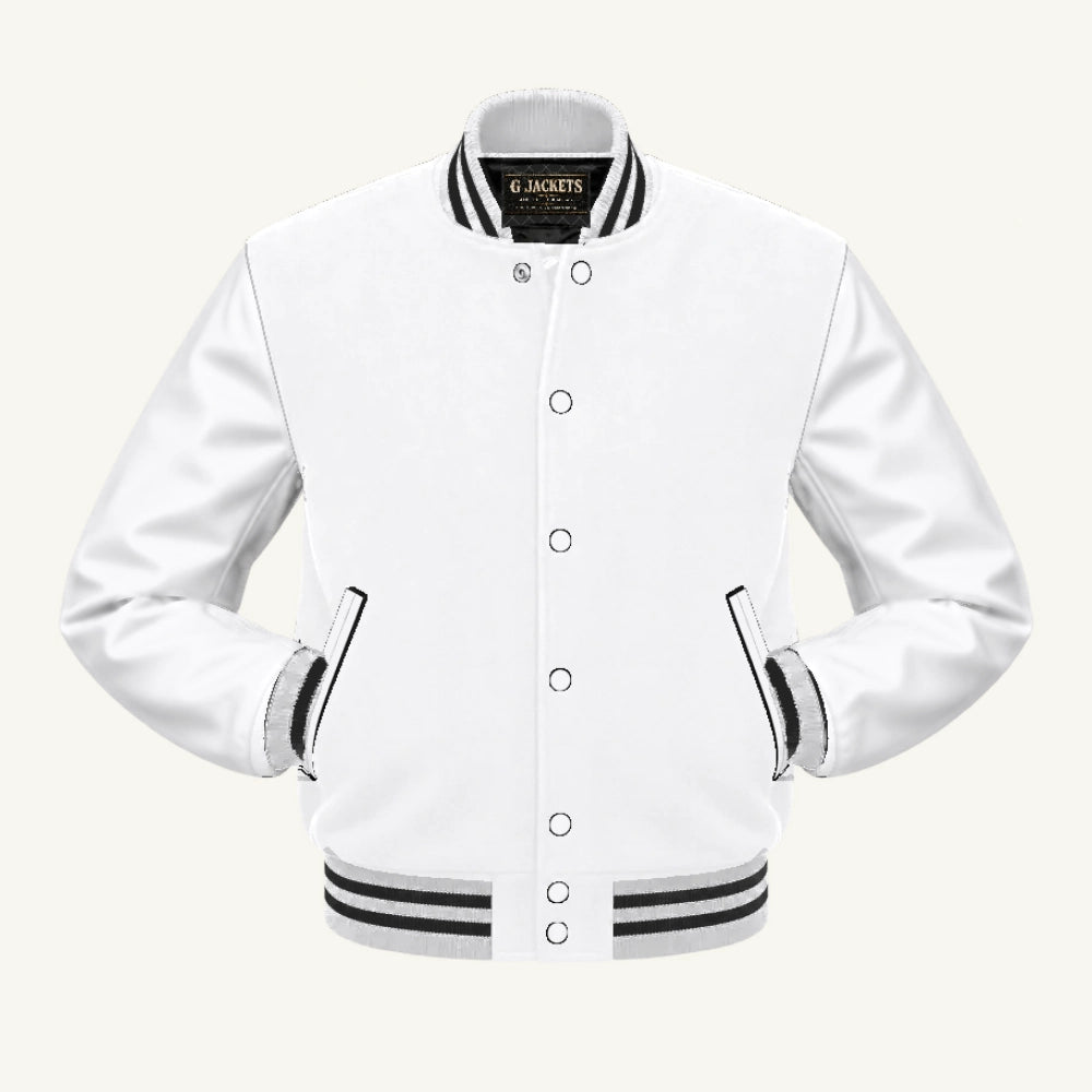 G Jackets Classic Wool & PU Leather Varsity Jacket, White/White - Black Trim, front view
