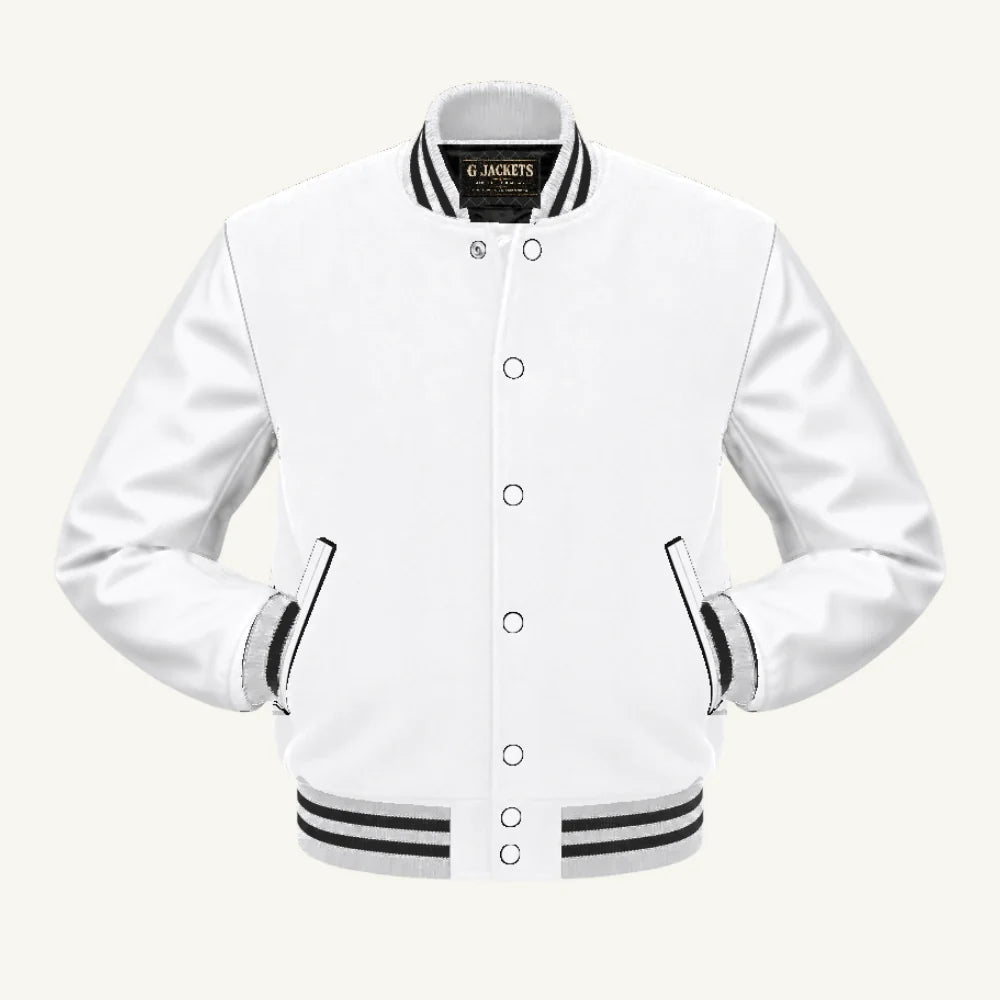 G Jackets Kids Classic Wool & PU Leather Varsity Jacket, White/White - Black Trim, front view