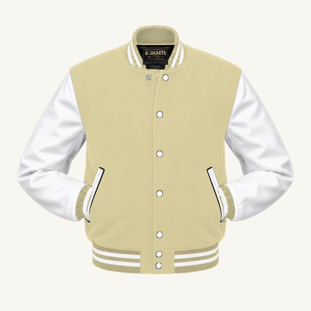 G Jackets Classic Wool & PU Leather Varsity Jacket, Cream Natural/White, front view
