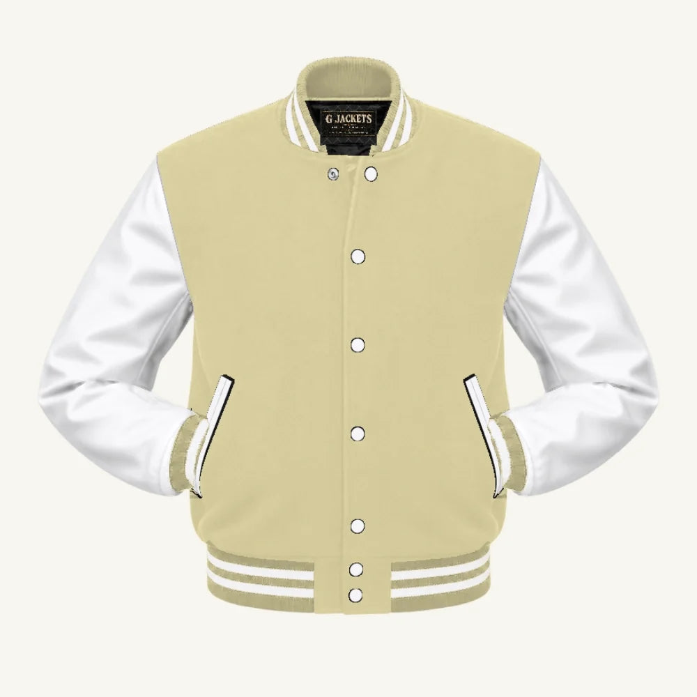 G Jackets Kids Classic Wool & PU Leather Varsity Jacket, Cream Natural/White, front view