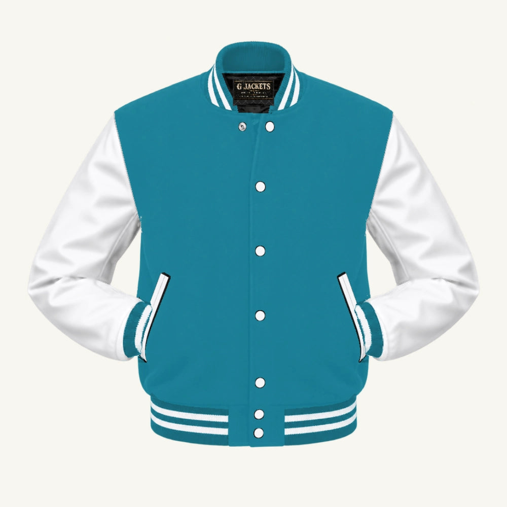 G Jackets Classic Wool & PU Leather Varsity Jacket, Teal Blue/White, front view