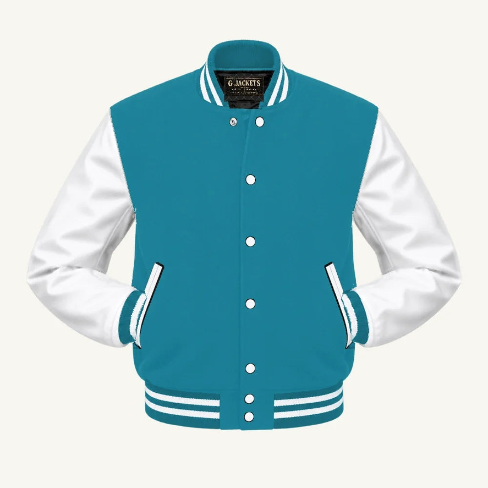 G Jackets Kids Classic Wool & PU Leather Varsity Jacket, Teal Blue/White, front view