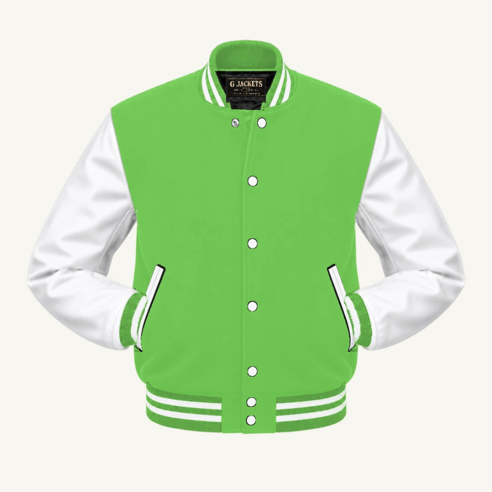 G Jackets Classic Wool & PU Leather Varsity Jacket, Lime Green/White, front view