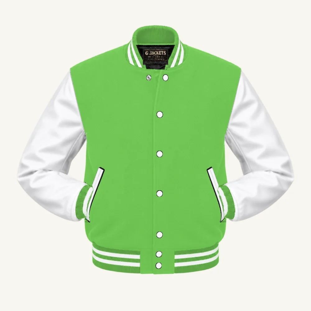 G Jackets Kids Classic Wool & PU Leather Varsity Jacket, Lime Green/White, front view