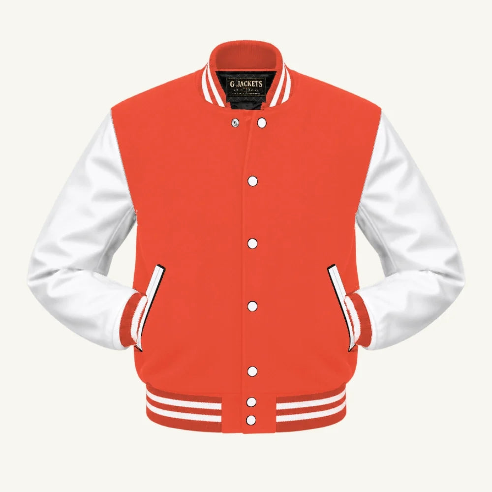 G Jackets Kids Classic Wool & PU Leather Varsity Jacket, Orange/White, front view