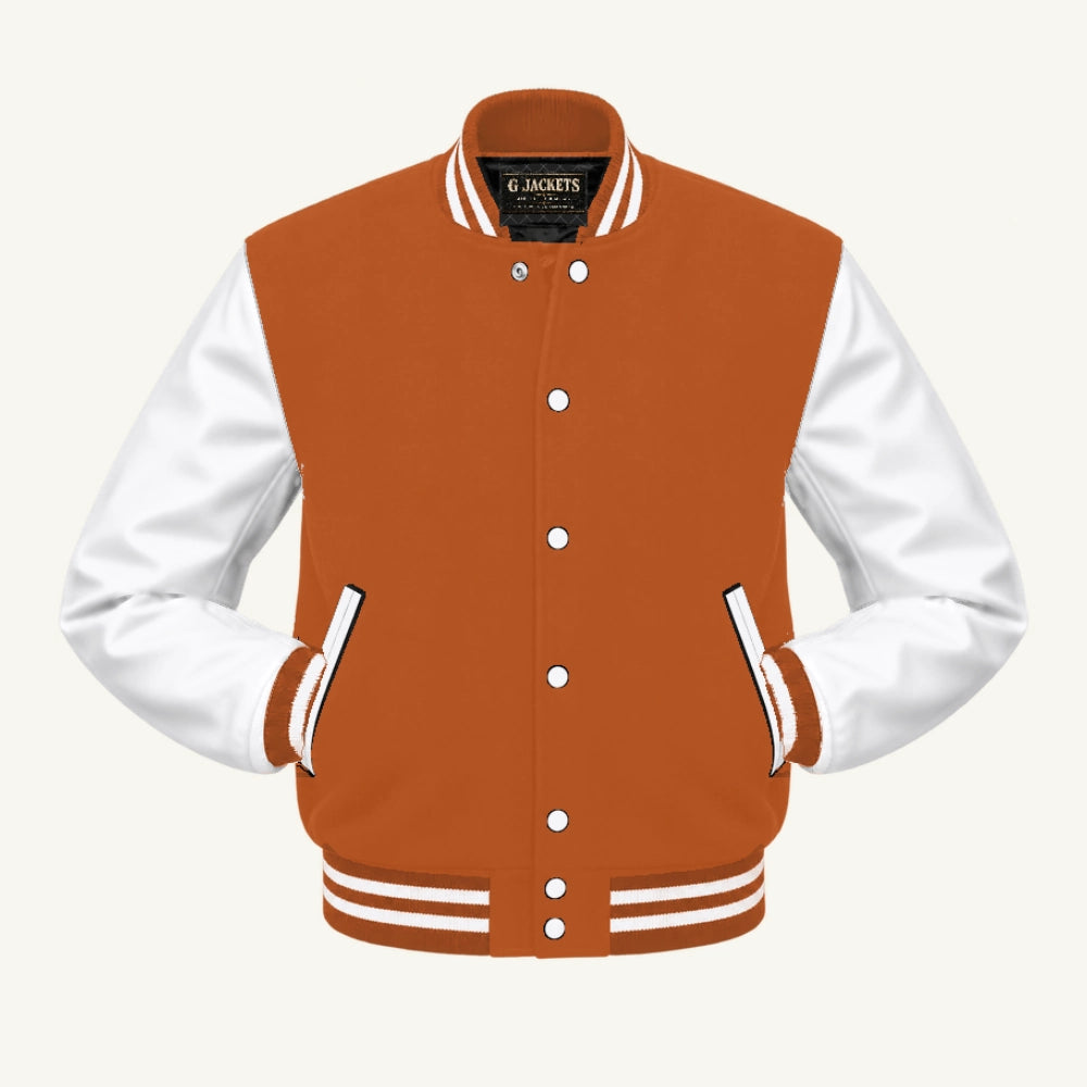 G Jackets Classic Wool & PU Leather Varsity Jacket, Texas Orange/White, front view