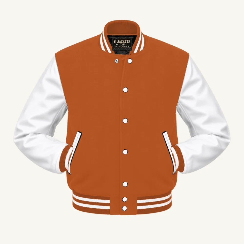 G Jackets Kids Classic Wool & PU Leather Varsity Jacket, Texas Orange/White, front view