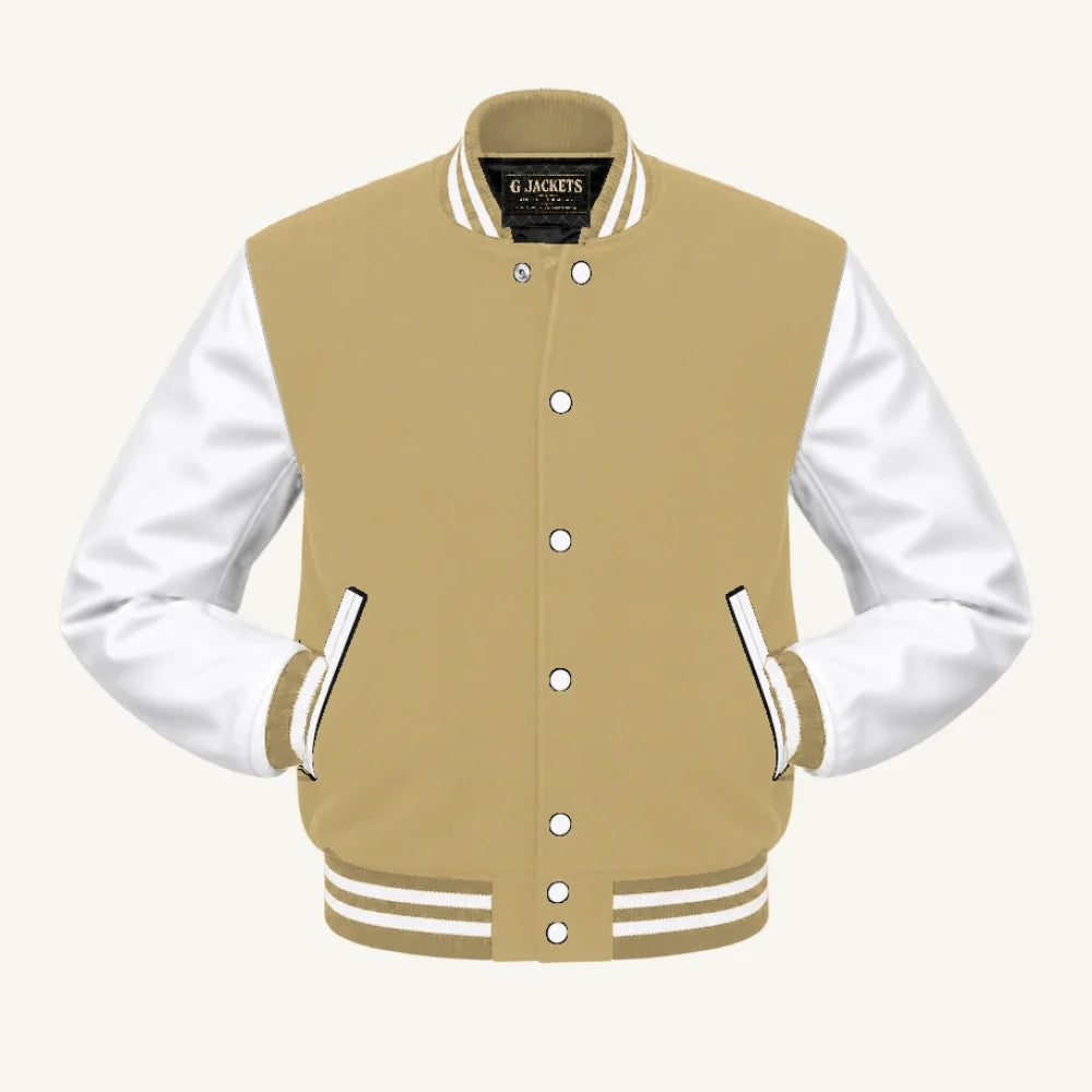 G Jackets Kids Classic Wool & PU Leather Varsity Jacket, Tan/White, front view