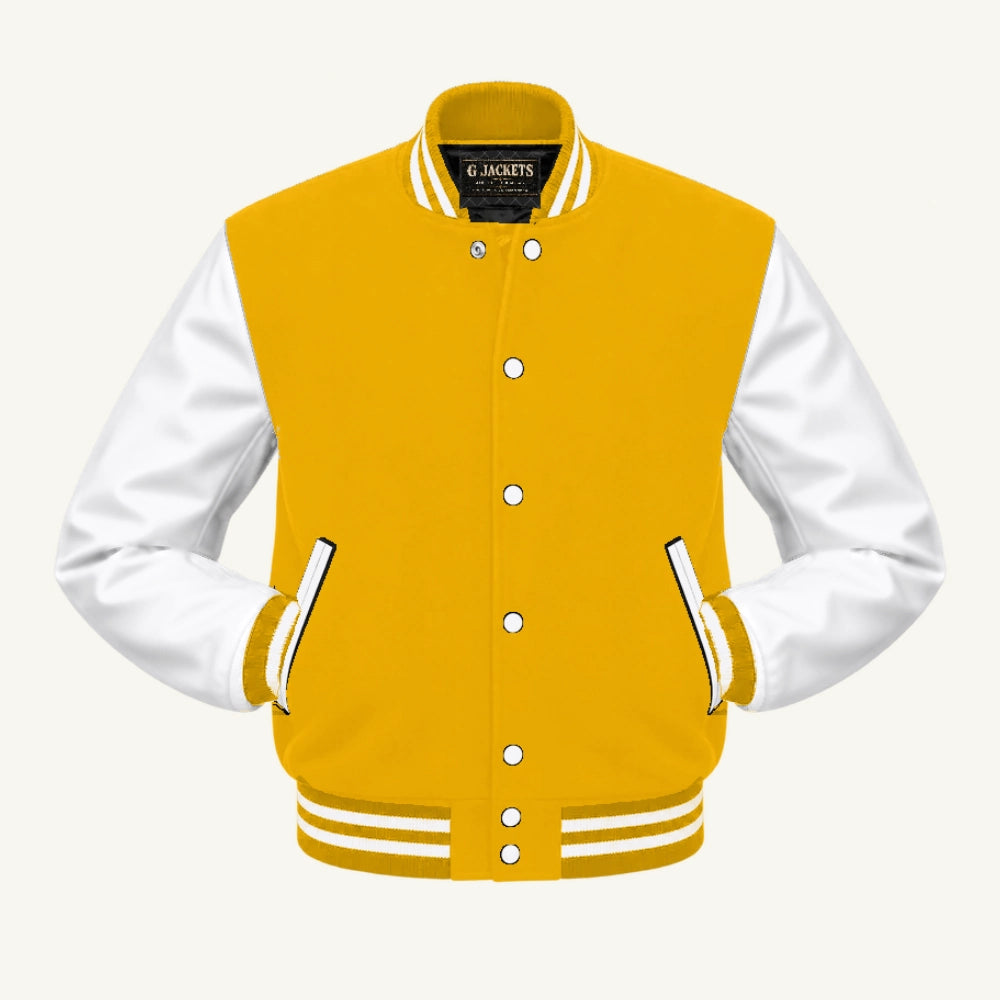 G Jackets Classic Wool & PU Leather Varsity Jacket, Gold/White, front view