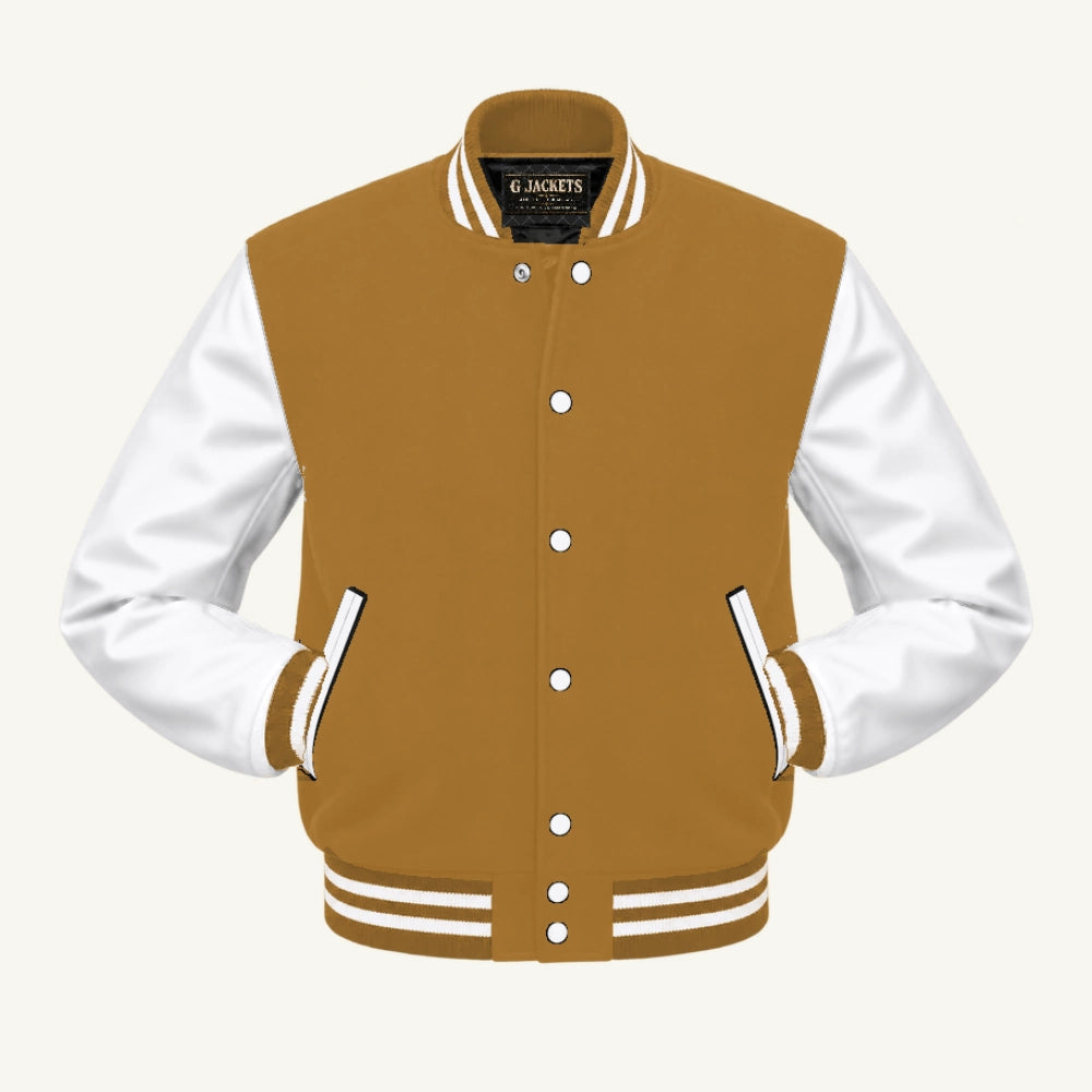 G Jackets Classic Wool & PU Leather Varsity Jacket, Old Gold/White, front view