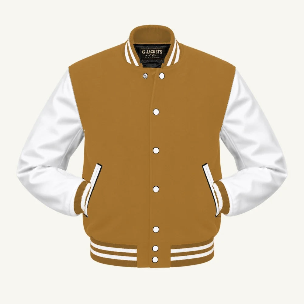 G Jackets Kids Classic Wool & PU Leather Varsity Jacket, Old Gold/White, front view