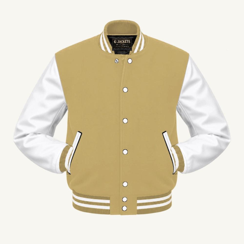 G Jackets Classic Wool & PU Leather Varsity Jacket, Vegas Gold/White, front view